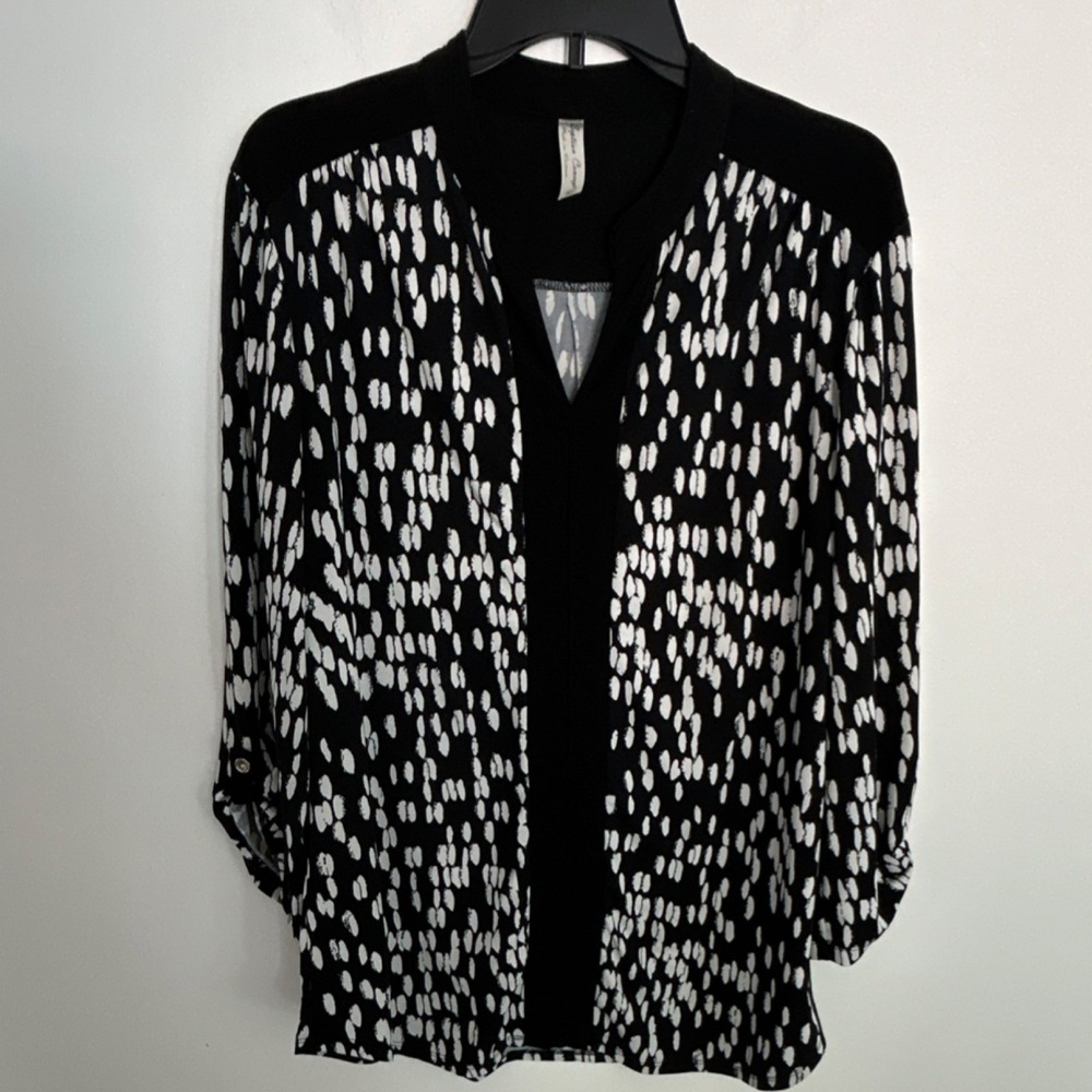 Per Seption Concept Black White Geometric Knit V-Neck Blouse XL Polyester Spand…